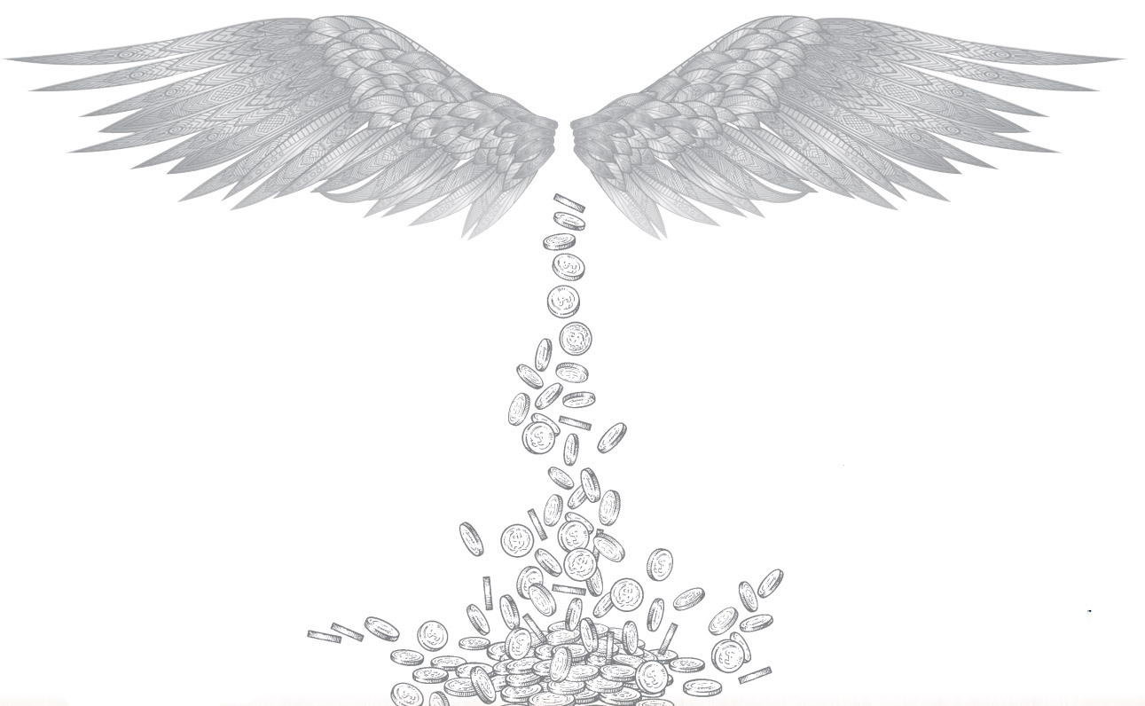 Angel wings with coins dropping.