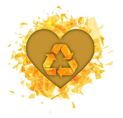 A yellow burning heart with recycling symbol inside.