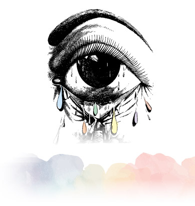 An eye with rainbow-colored tears.